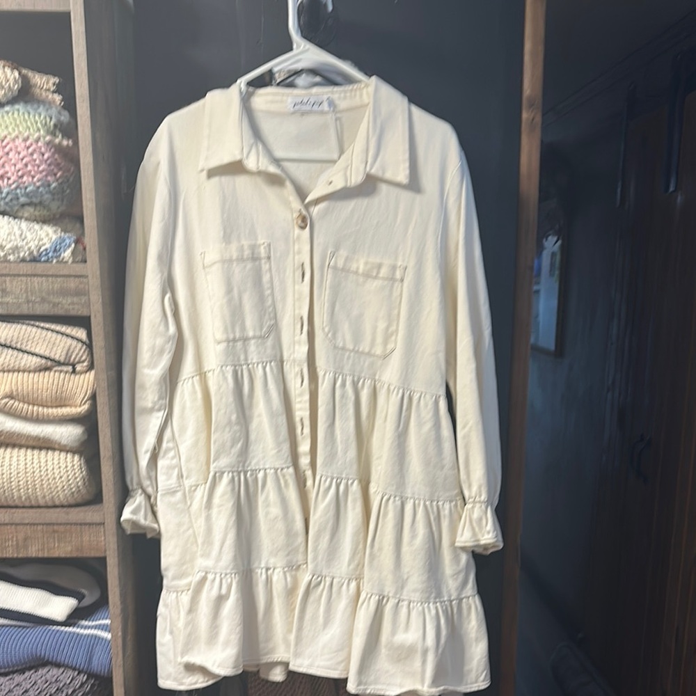 Cream Button-Up Tiered Dress